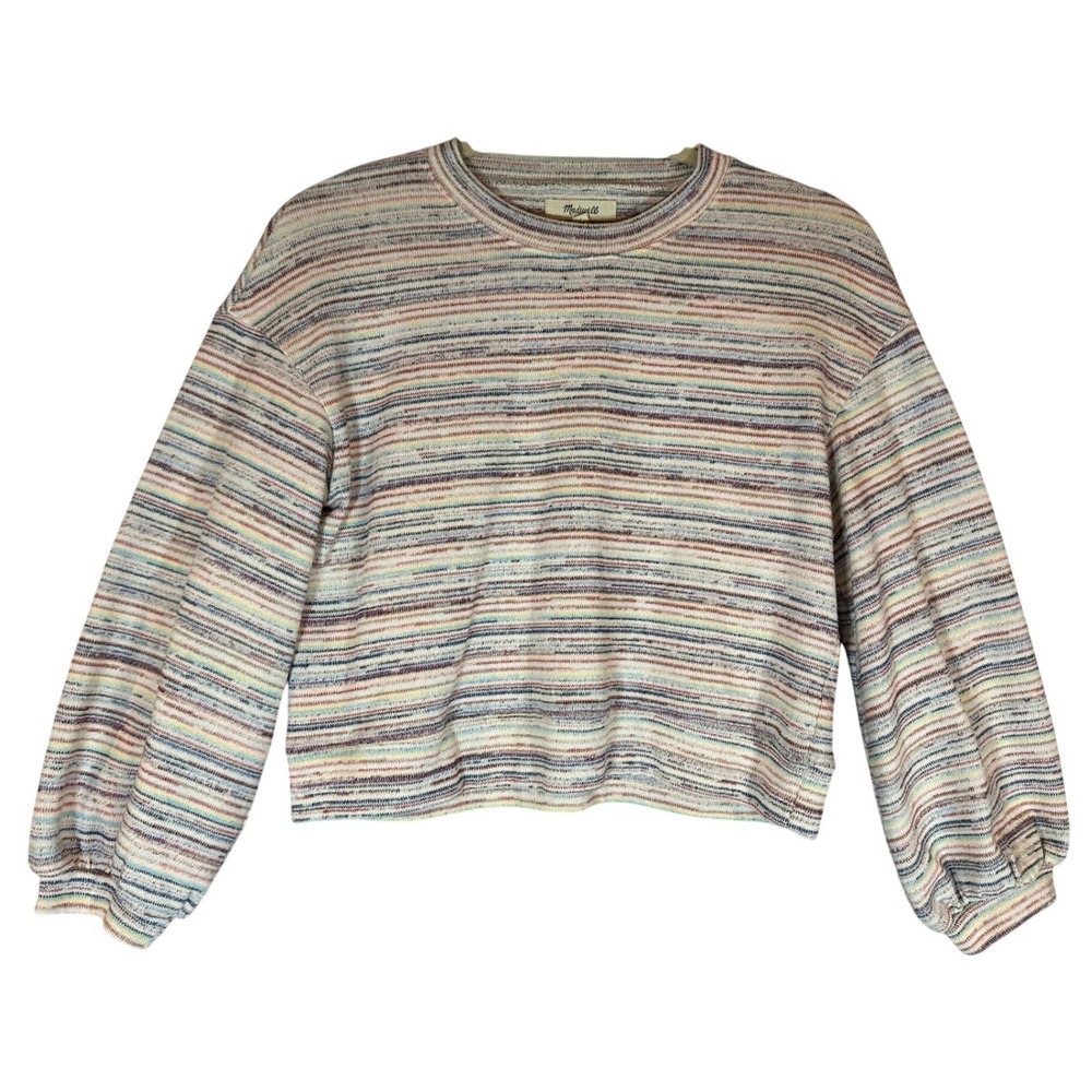 Madewell Balloon Sleeve Cropped Crewneck‎ Top Sz S Rainbow Stripe Bubble Sleeve